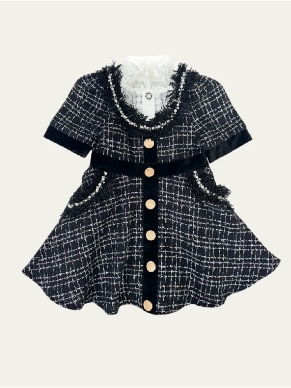 Petite Maison Kids Orea Tweed Lace Trim Dress Black White Size 12M